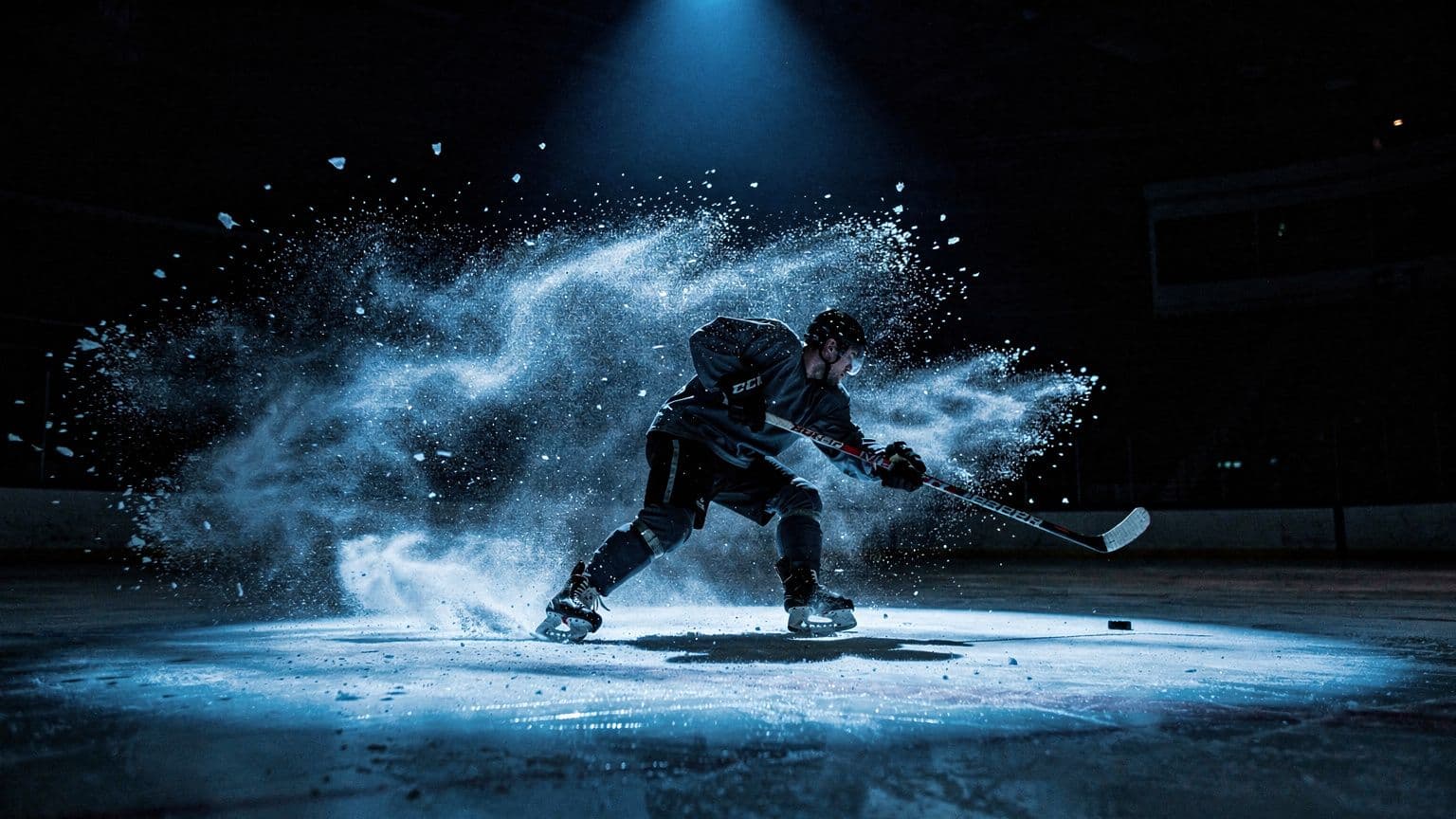 A skater cutting hard, spraying ice