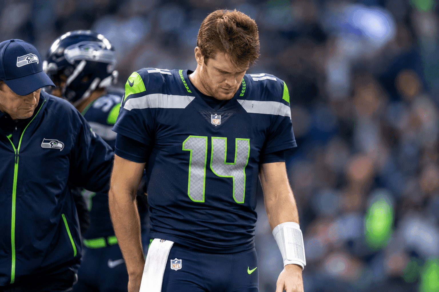 Editorial sports image for Sam Darnold Ruled Out With Hip Injury as Seahawks Trail Patriots