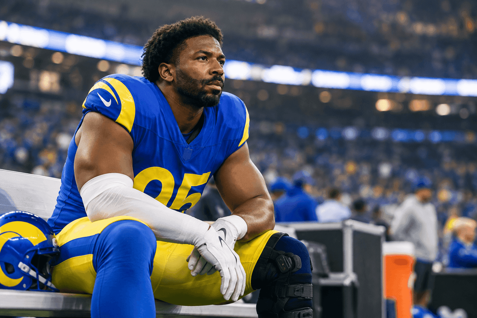 Editorial sports image for Rams Botch Myles Garrett Injury Timeline, Lose Star Edge Rusher for Six Weeks
