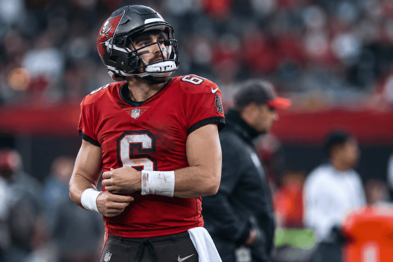 Editorial sports image for Baker Mayfield's Dislocated Thumb Sidelines Him for Three Weeks as Bucs Hit Rock Bottom