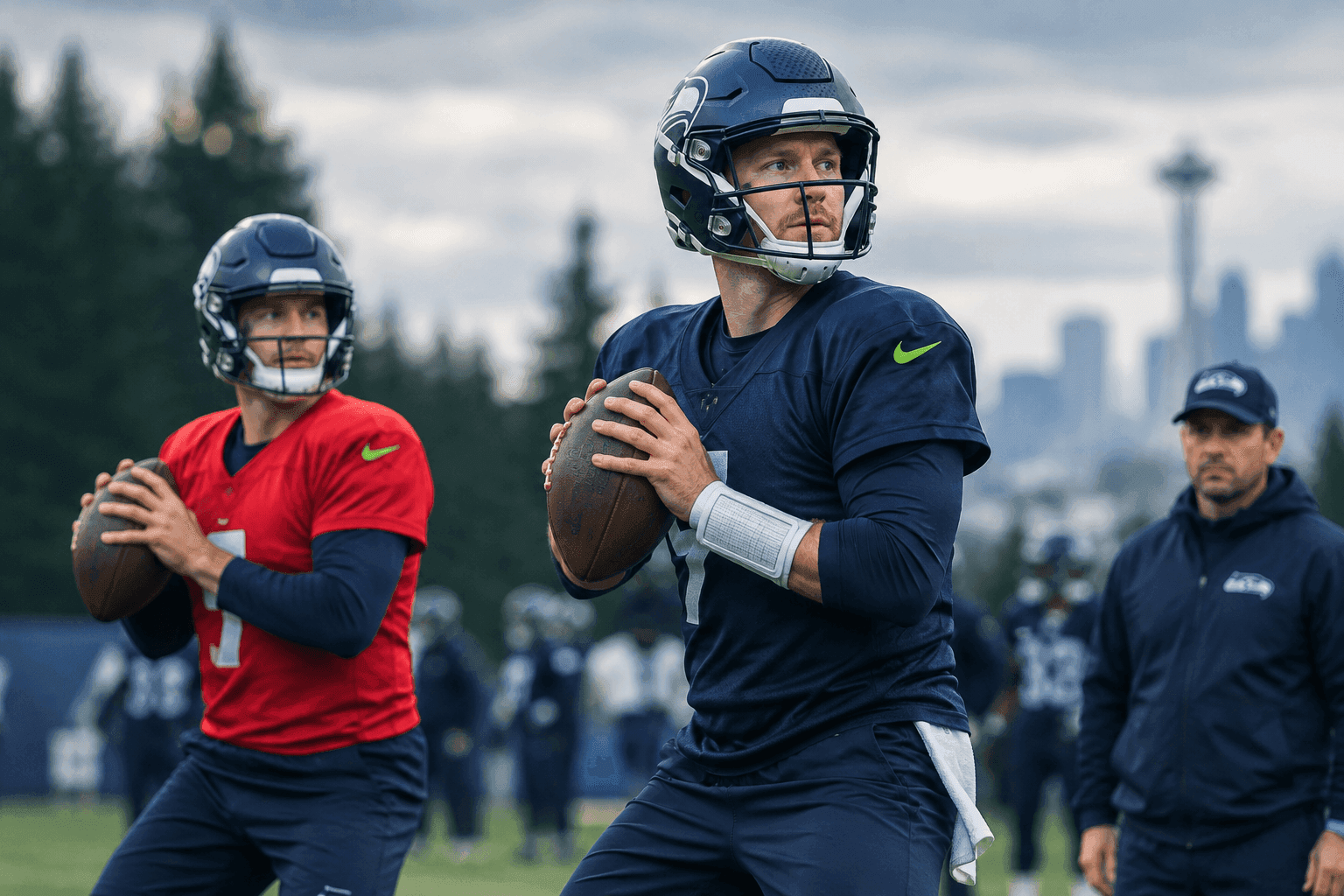 Editorial sports image for Sam Darnold Returns to Seahawks Practice, But Drew Lock Just Made Things Interesting