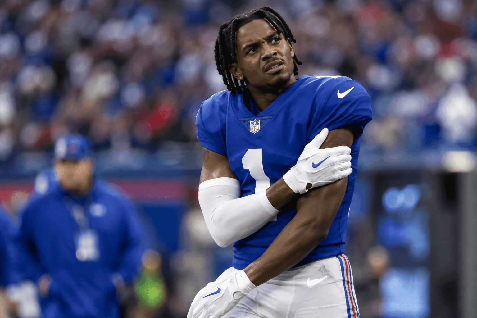 Editorial sports image for Malik Nabers Questionable With Shoulder Injury as Giants' Nightmare Continues