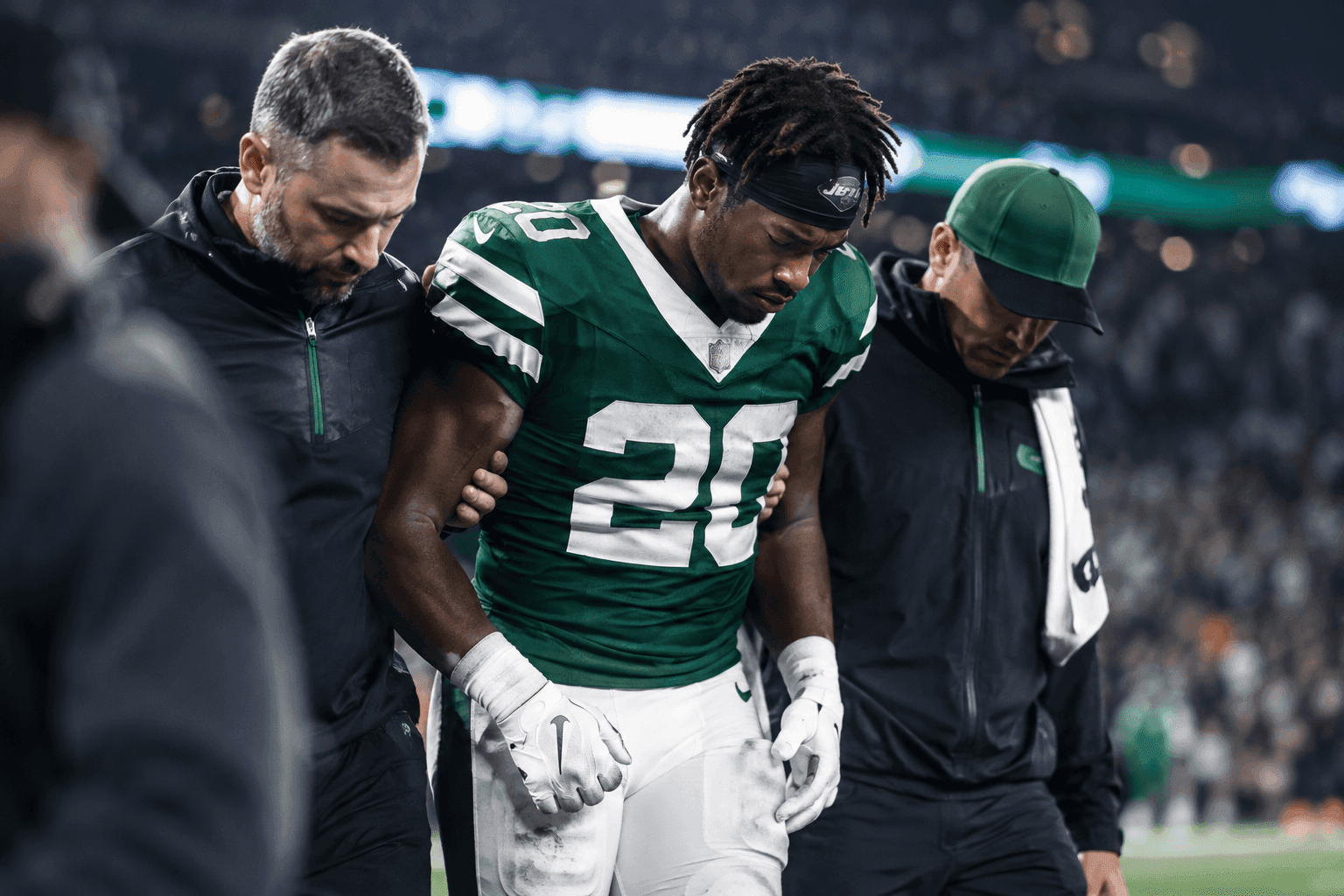 Editorial sports image for Breece Hall Ruled Out With Thigh Injury As Jets Trail Lions